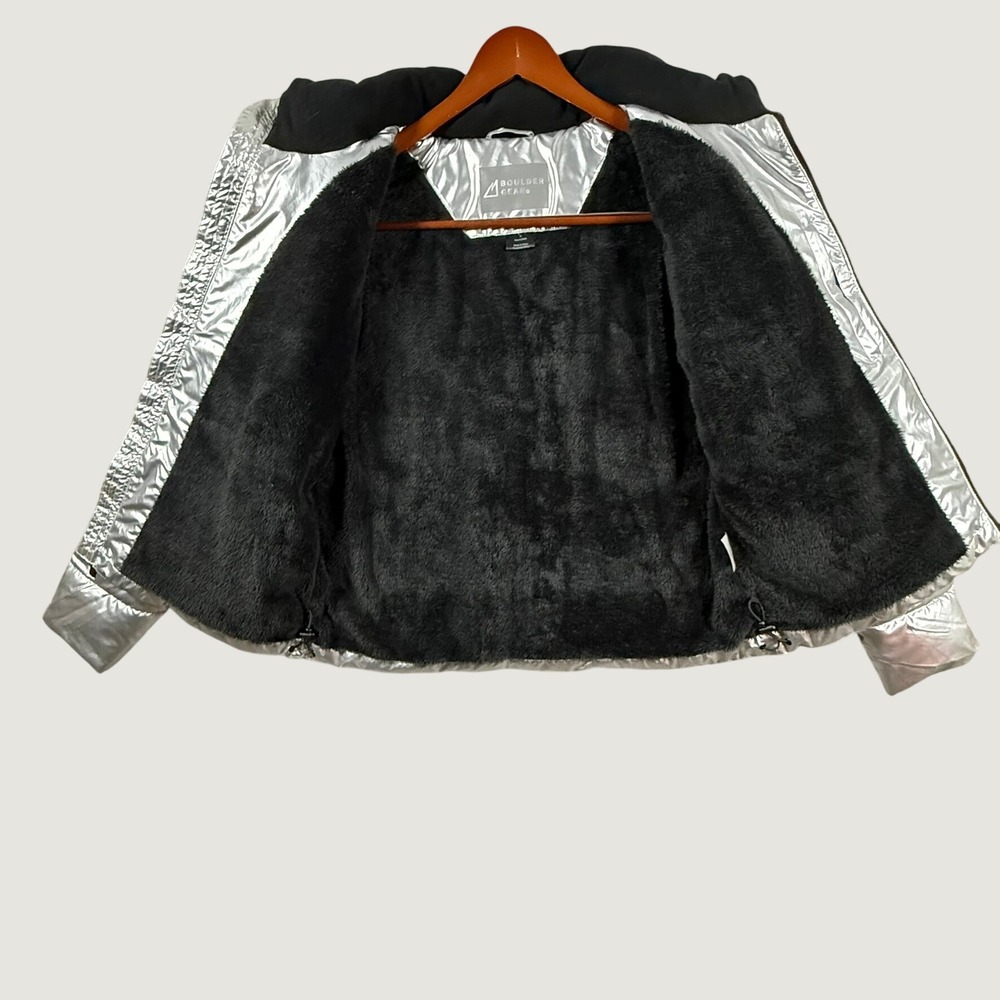 Boulder Gear Silver Metallic Puffer Jacket Faux Fur Lined Women's Large Coat - Picture 4 of 13